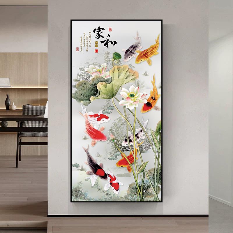 荷花九鱼图贴画玄关装饰自粘画新中式入户走廊玻璃壁画卫生间门贴图片