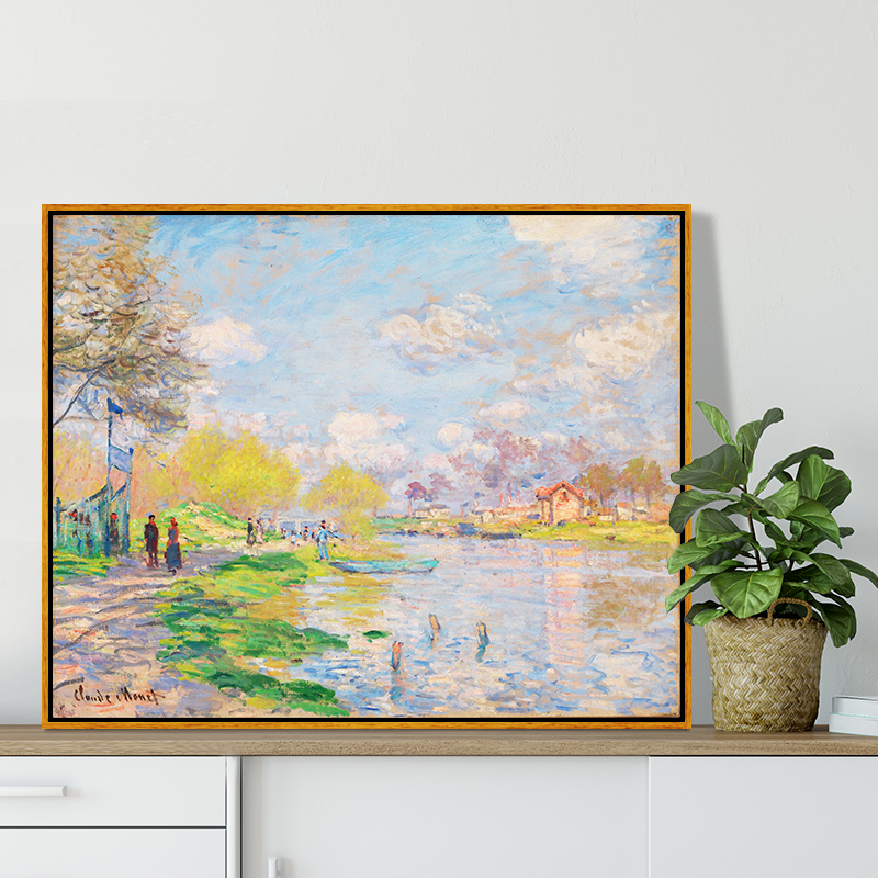塞纳河畔的春天 莫奈印刷喷绘仿制油画客厅装饰画挂画有框画墙画