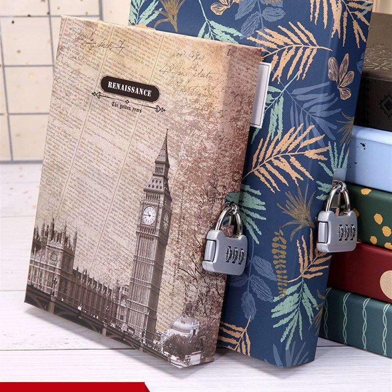 锁本日记本密码本锁头笔记本彩色页复古时尚商务本本子盒子礼品学