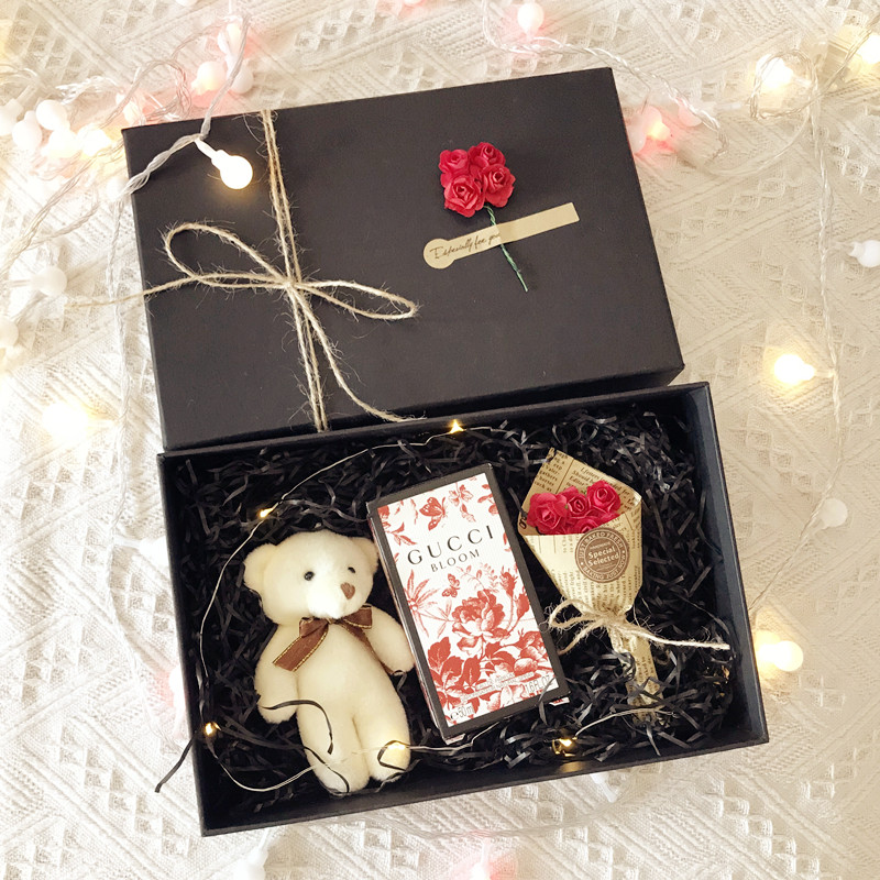 覆古手工玫瑰花盒长钱包香水盒子面膜黑色盒情人节七夕高档礼品盒