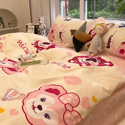 ins粉色儿童水洗棉四件套床品卡通床单被套宿舍床上用品学生3件套