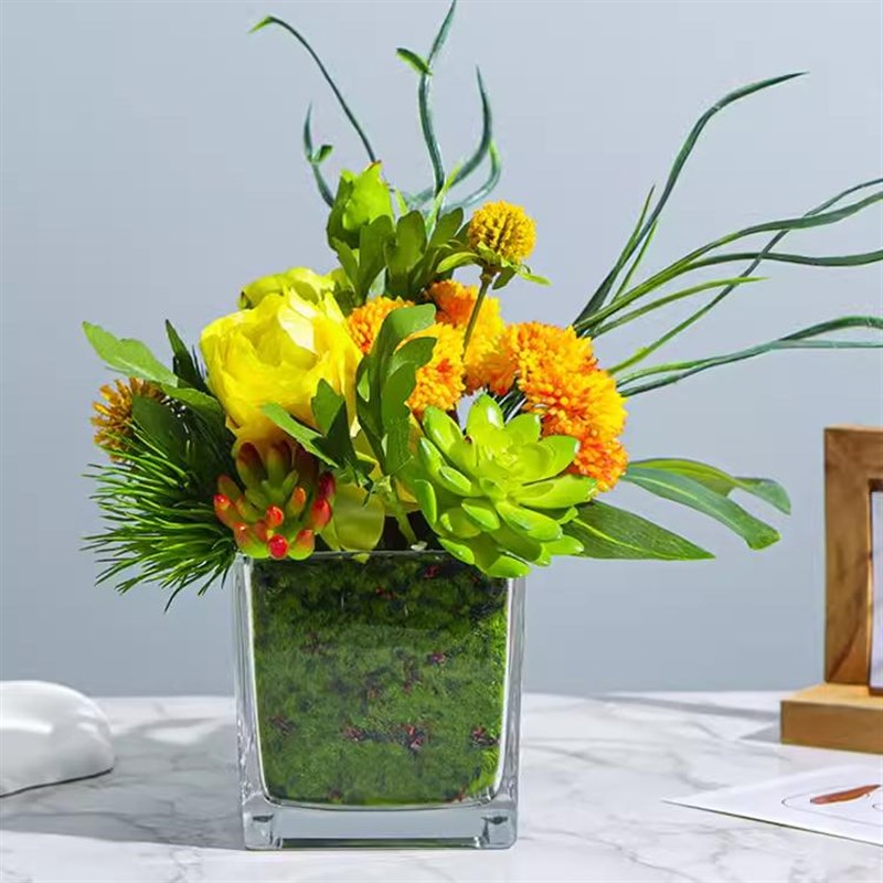 高档仿真花假花客厅摆设方缸玻璃小插花餐桌花艺会议桌面装饰