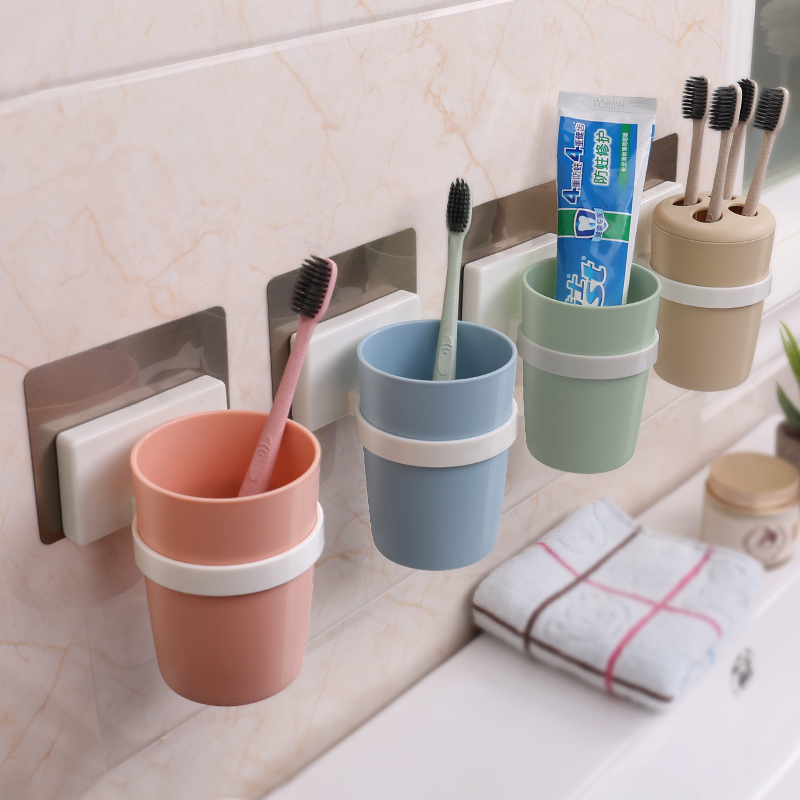 免打孔刷牙杯牙刷架牙刷盒吸壁式漱口杯牙刷架装卫生间壁挂式