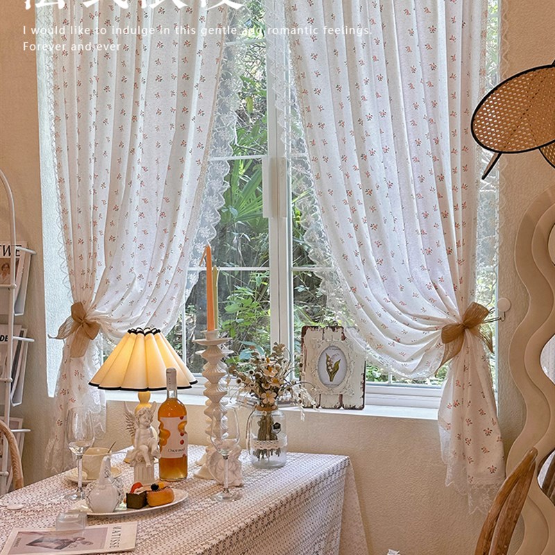 韩式田园风蕾丝刺绣花边窗帘法式浪漫粉色棉布小碎花免打孔半截帘