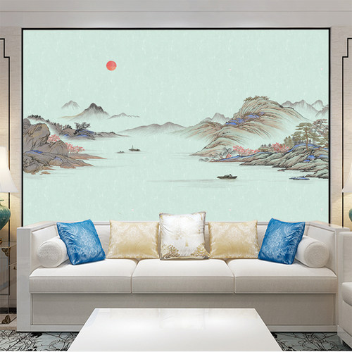 独绣山水刺绣壁布墙布刺绣无缝沙发客厅电视山水独秀背景墙壁画新