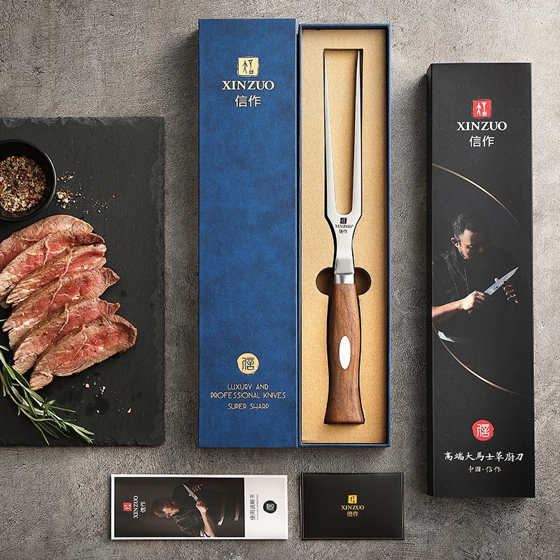 信作不锈钢大肉叉烤肉叉分肉叉家庭烧烤工具烤牛排羊肉叉胡桃木