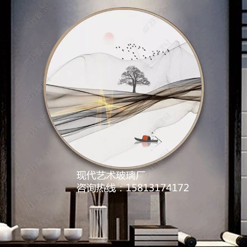 定制艺术玻璃圆形屏风隔断钢化磨砂面彩绘玄关背景墙MM山水画