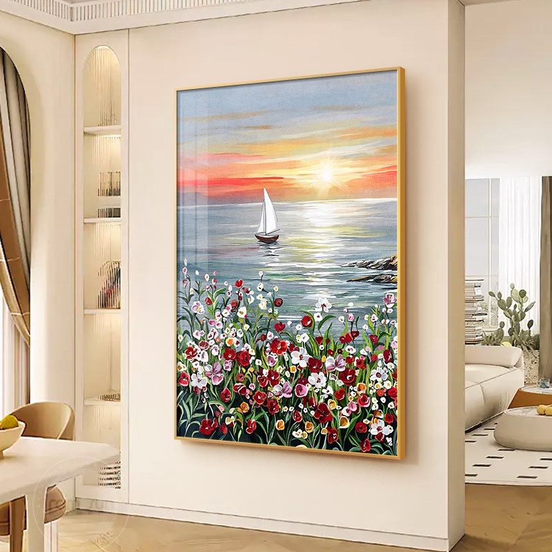 现代玄关装饰画日出海景客厅背景墙画奶油风花卉走廊过道挂画