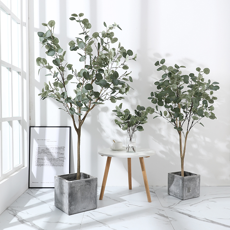 仿真绿植盆栽尤加利叶圆叶家居客厅餐桌装饰花婚庆金钱叶假花摆件