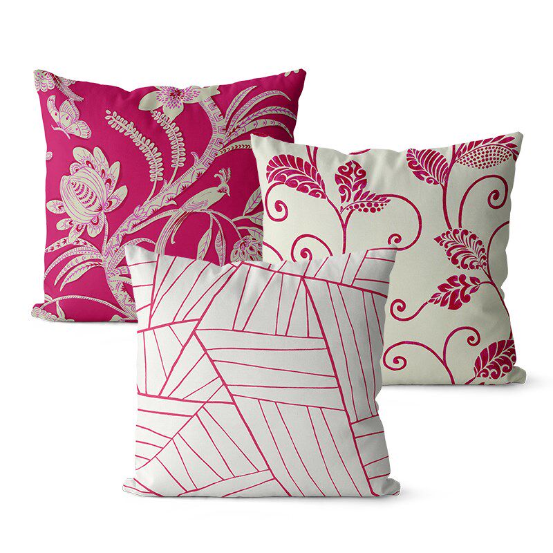 花卉棉麻沙发抱枕玫红色面图案大靠垫床头靠背办公椅腰靠垫