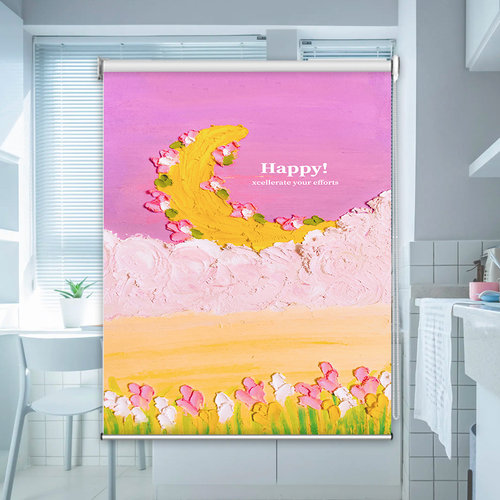 百叶窗遮阳卷帘卡通油画日出手卷式全屋全遮光防水防油浴室窗帘