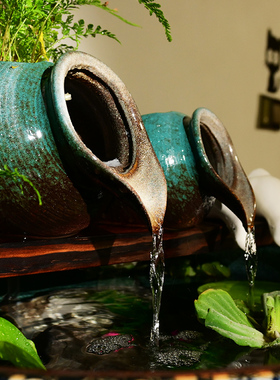 庭院造景古法养鱼流水陶罐鱼缸配件水车装饰循环生态鱼缸景观喷泉