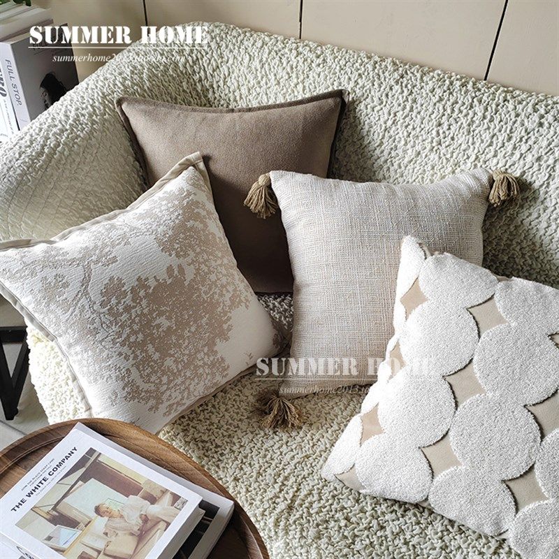 奶茶色高级感沙发抱枕套靠垫 法式奶油风客厅靠枕几何中古风靠包