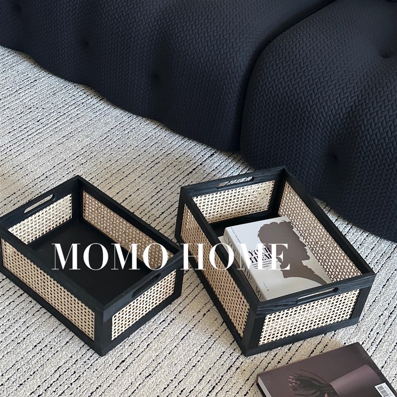 MOMO 日式实木收纳筐黑色方形收纳盒家居化妆品 零食杂物收纳