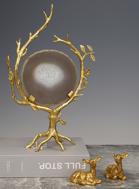 轻奢天然玛瑙晶石黄铜树摆件家居客厅别墅酒柜玄关工艺装饰品送礼