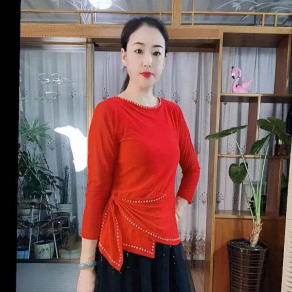新款红不规则上衣步踩衣交谊舞三舞舞蹈服广场舞服装跳秋季烫钻女