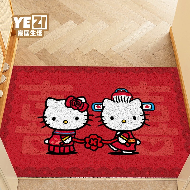凯蒂猫结婚丝圈地垫新婚婚房布置可爱入户门口玄关喜庆红色地垫子
