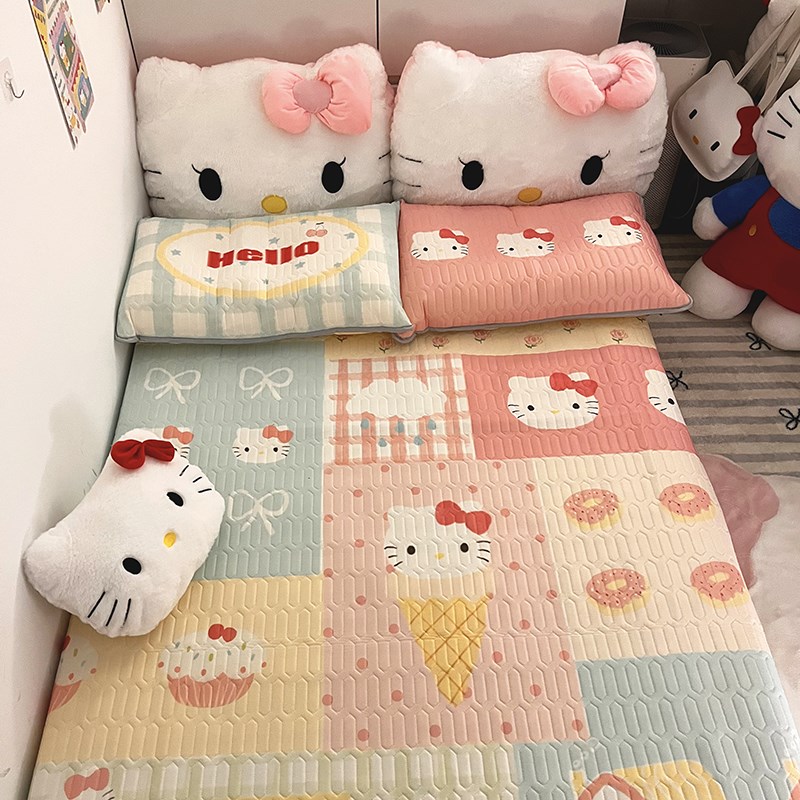 晚安猫可爱猫咪凉感丝乳胶凉席三件套少女心可水洗空调软席枕套