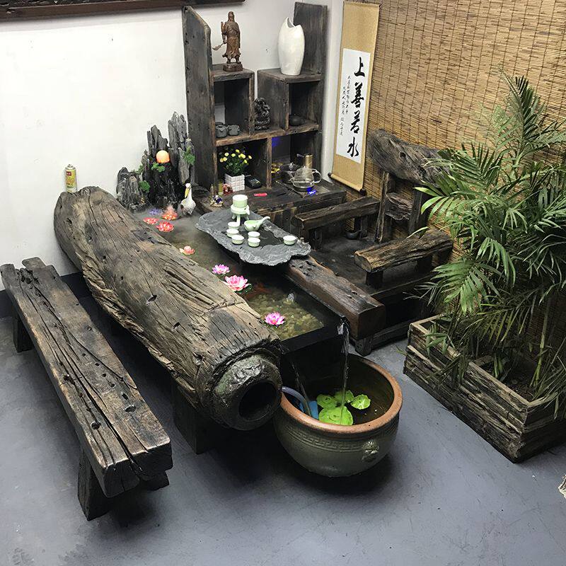 老船木龙骨茶桌循环流水养鱼茶台中式茶几茶台禅意景观茶桌椅组合