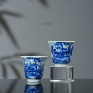 景琳藏焦亭修竹 藏云溪清居六方小花神杯 明式青花山水手绘主人杯