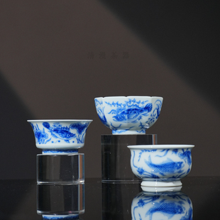 望月怀古鱼藻纹茶杯 景德镇全手工手绘高档送礼茶器主人杯茶杯