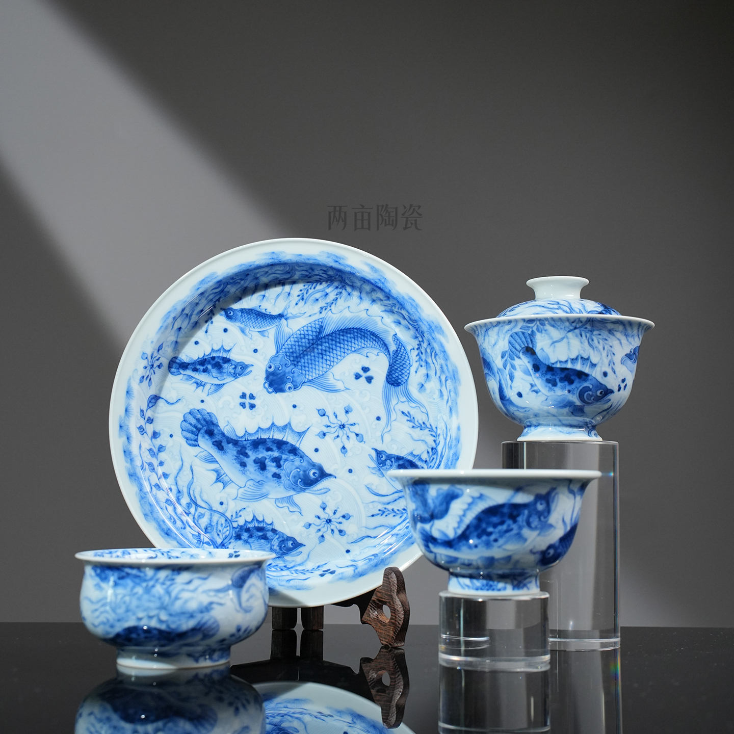 望月怀古淡海水满绘鱼藻茶器