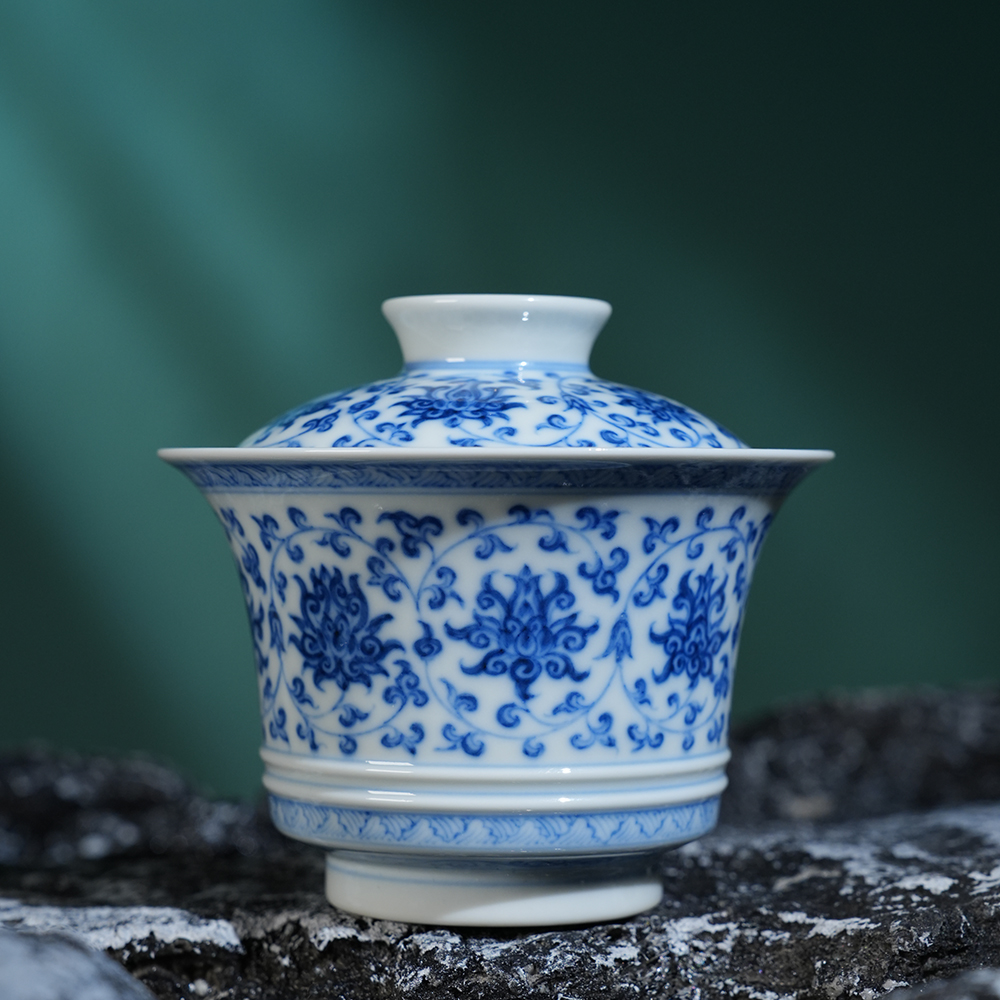 望月怀古缠枝莲马蹄盖碗150ml 全手工手绘高端陶瓷送礼茶器茶碗