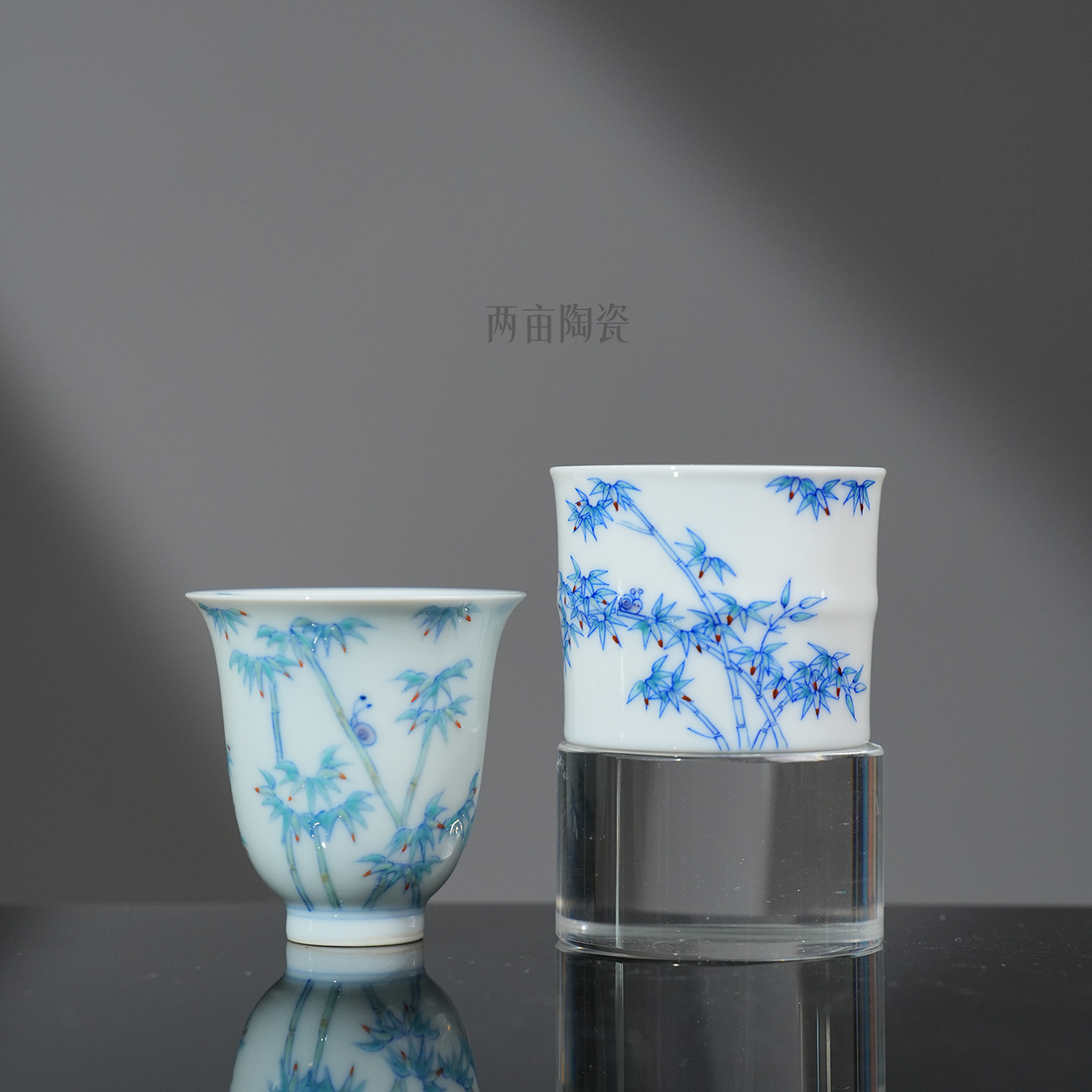 望月怀古斗彩竹子茶杯