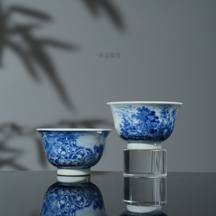 景琳藏蕉亭修竹 不问人间烟火茶杯100ml 明式青花山水手绘主人杯
