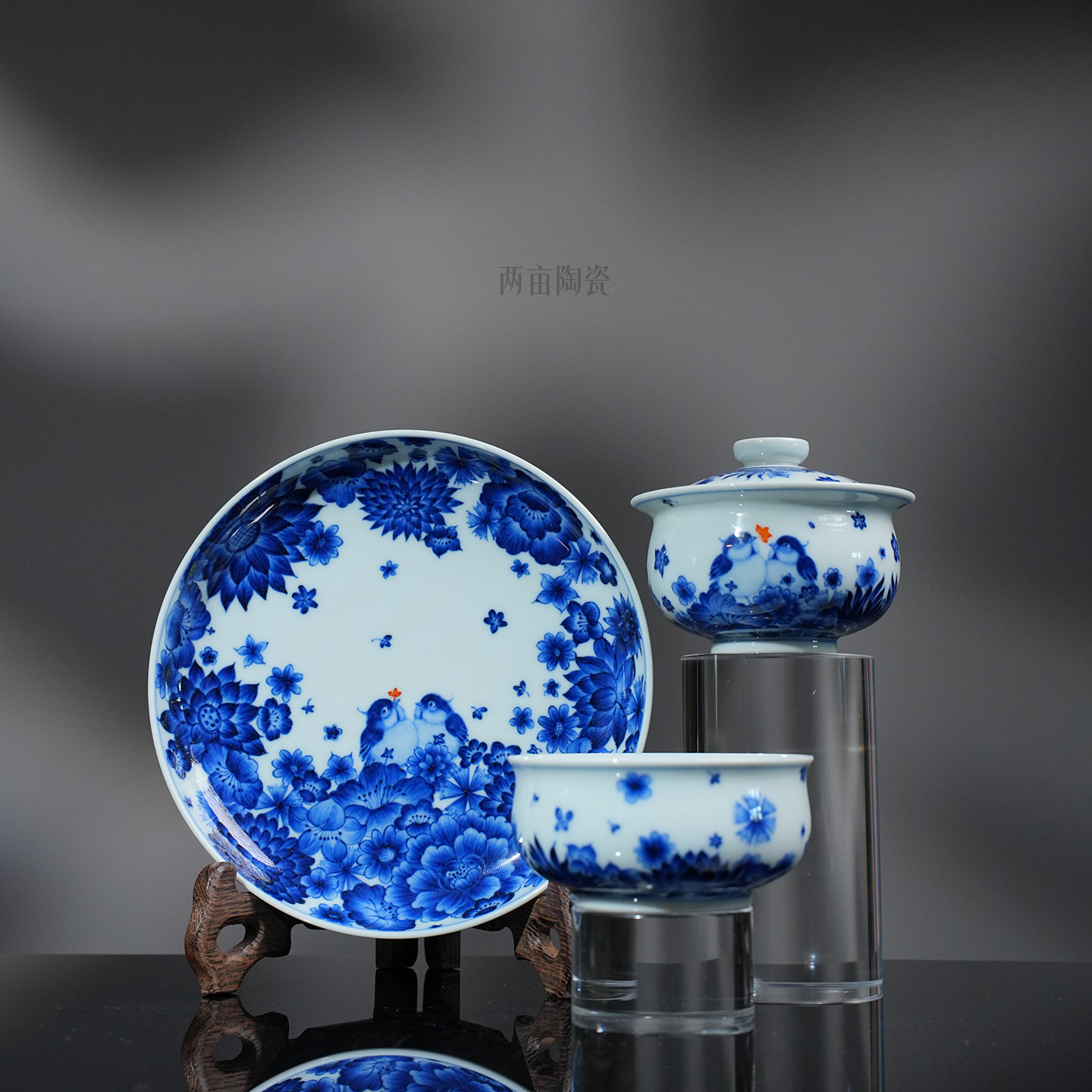 团窑青花矾红胖山雀茶具 景德镇家用高档茶具送礼喝茶二才茶碗,餐饮具,整套茶具,淘宝优惠券,粉丝福利购,淘宝优惠卷