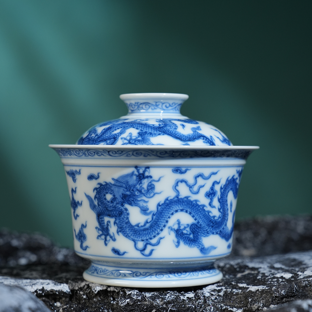 望月怀古五龙马蹄盖碗150ml 全手工手绘高端陶瓷送礼茶器茶碗