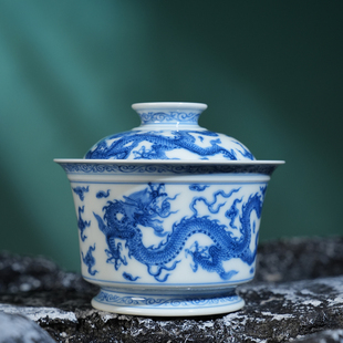 望月怀古五龙马蹄盖碗150ml 全手工手绘高端陶瓷送礼茶器茶碗