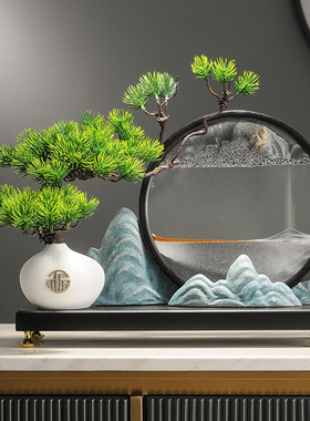 迎客松山水流沙画摆件中式禅意玄关办公室工艺品茶室沙漏装饰品