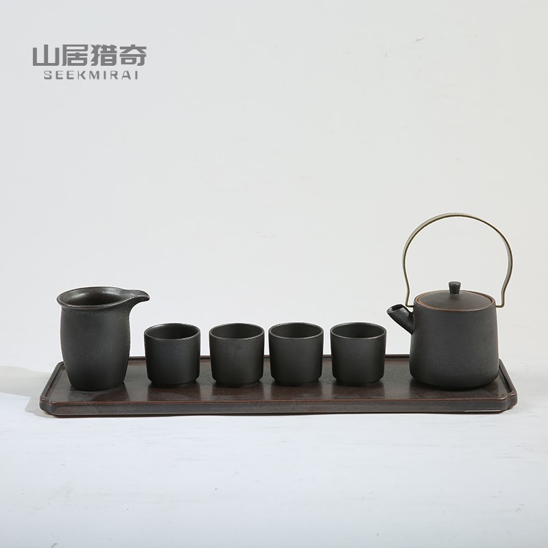 中式复古简约黑色陶瓷茶壶茶杯茶具样板房家居客厅茶几装饰工艺品