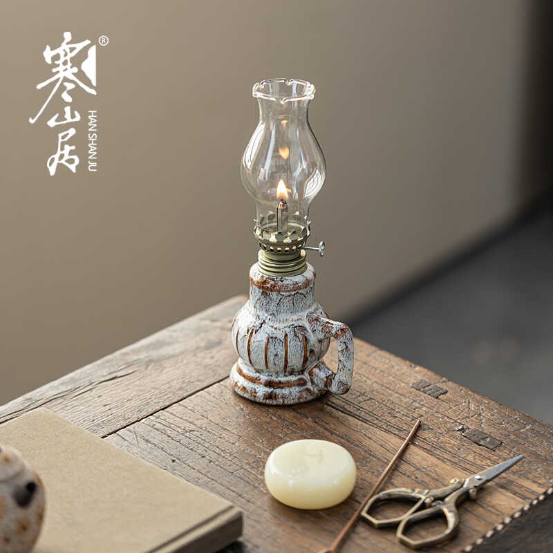 寒山居复古陶瓷酥油灯结婚喜庆灯老式油煤油灯怀旧玻璃灯罩野营灯