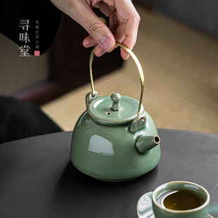 寻味堂复古茶壶日式 竹青釉陶瓷小提梁壶 家用商用功夫茶具泡茶壶