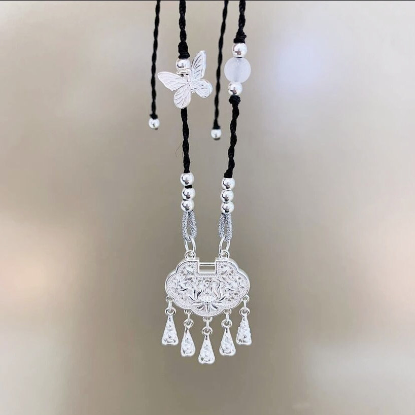 足银999新中式平安锁花丝银锁项链女纯银锁骨链轻奢节日女友礼物