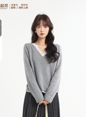 记忆的起点V领毛衣2026春季新款气质蕾丝拼接针织上衣女70AC56020