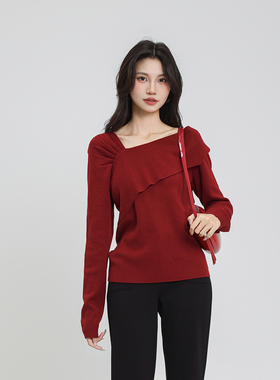 记忆的起点套头毛衣2025冬季新款百搭斜肩长袖针织衫女69GD50003D