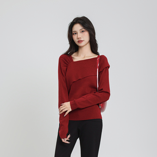 记忆的起点套头时尚毛衣斜肩长袖针织衫2025冬季新款女69GD50003D