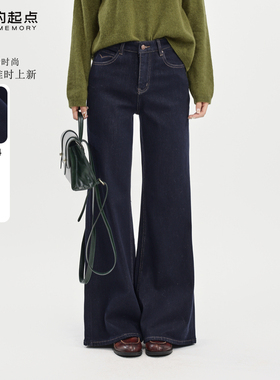 记忆的起点加绒牛仔裤2025冬季新款高腰显瘦微喇裤女69AD20676D-1