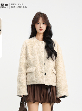 记忆的起点羊羔毛外套2025冬季新款圆领小香风毛毛外套69AD41326