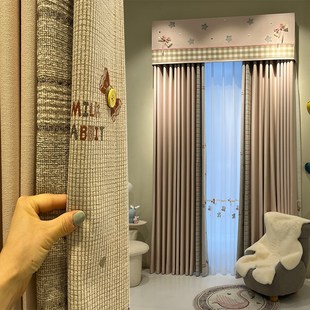 新儿童房男孩窗帘免打孔卡通飘窗落地窗卧室女孩棉麻遮光窗帘定制