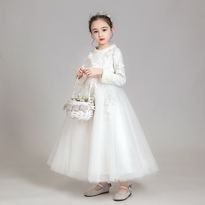 女童加厚加绒礼服公主裙蓬蓬纱长袖白色小花童儿童钢琴演出服冬季