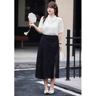 大码新中式提花半身裙女春夏装新款显瘦胖MM百搭国风中长黑裙a字