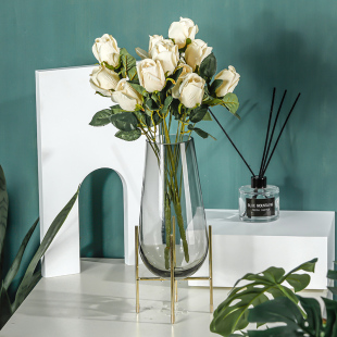 北欧轻奢玻璃透明花瓶客厅插花摆件创意铁艺花瓶水养富贵竹装饰品