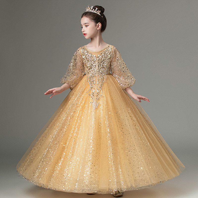 儿童礼服高端小主持人服装长袖女童生日金色钢琴演出服走秀秋冬