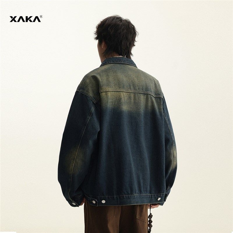 XAKA2024新款水洗复古牛仔外套男春秋渐变落日黄宽松休闲百搭夹克,男装,牛仔外套,淘宝优惠券,粉丝福利购,淘宝优惠卷