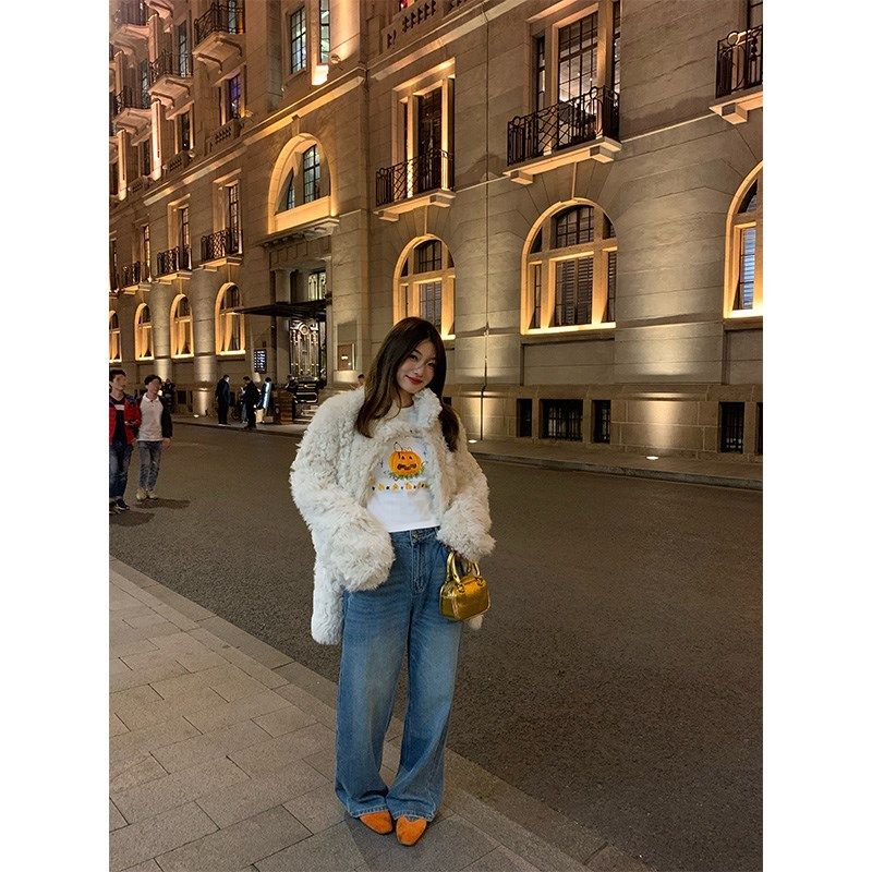 落落狷介 加绒牛仔裤女秋冬款2023新款高腰裤子阔腿裤小个子百搭