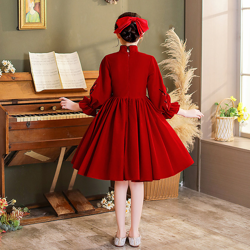 儿童生日公主裙红色花童小女孩主持人晚礼服女童中国风演出服冬季